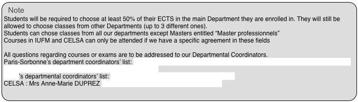 Note
Students will be required to choose at least 50% of their ECTS in the main Department they are enrolled in. They will still be allowed to choose classes from other Departments (up to 3 different ones). 
Students can chose classes from all our departments except Masters entitled “Master professionnels”
Courses in IUFM and CELSA can only be attended if we have a specific agreement in these fields

All questions regarding courses or exams are to be addressed to our Departmental Coordinators. 
Paris-Sorbonne’s department coordinators’ list: http://www.paris-sorbonne.fr/l-international/venir-etudier-a-paris-sorbonne/dans-le-cadre-d-erasmus-3002/coordinateurs-pedagogiques/
IUFM’s departmental coordinators’ list: http://www.paris.iufm.fr/spip.php?rubrique253
CELSA : Mrs Anne-Marie DUPREZ anne-marie.duprez@celsa.paris-sorbonne.fr
